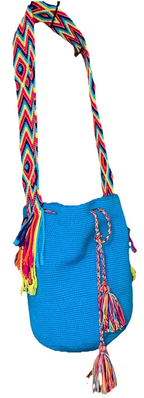 Handmade Woven Bucket Bag Made in Columbia Aqua Blue Rainbow
